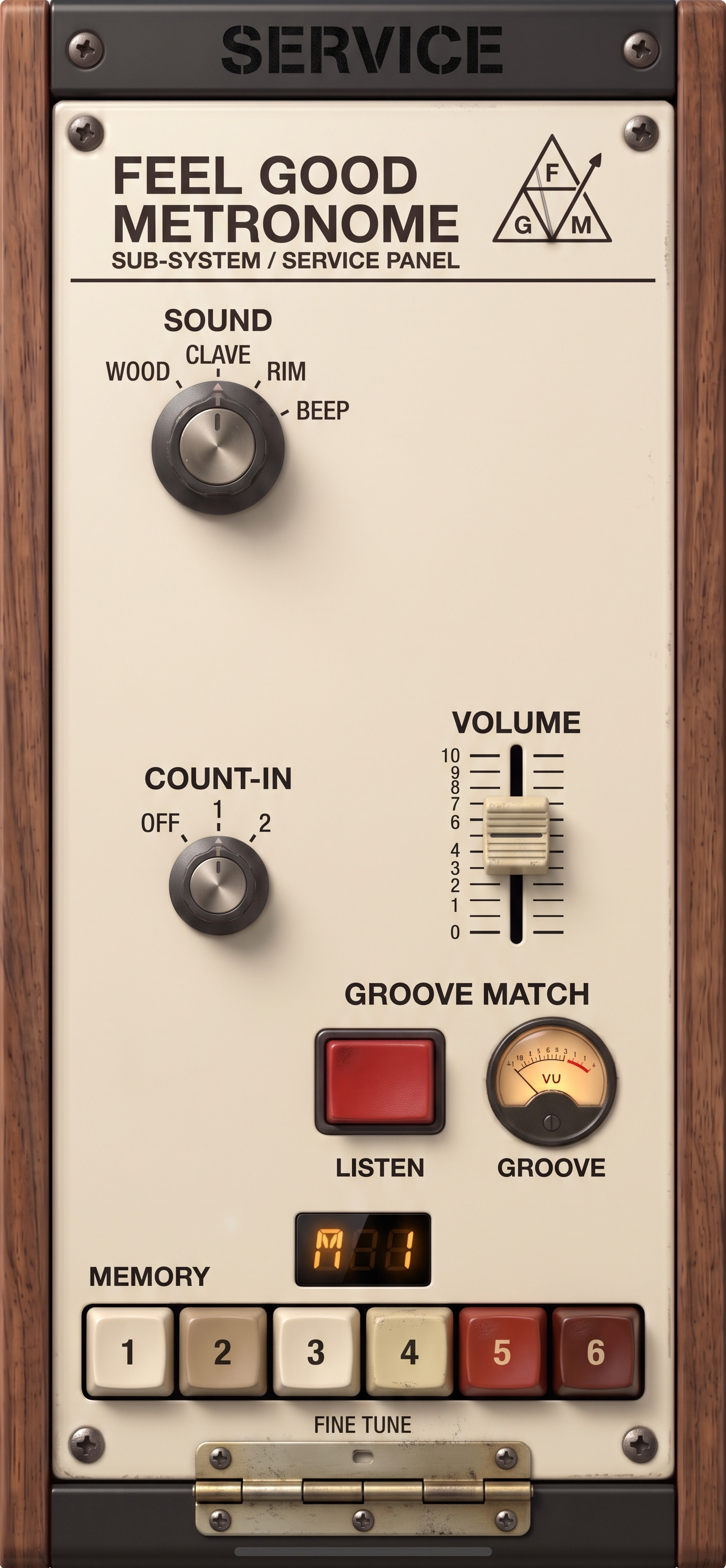The back of the machine: the service panel, with the click sound and count-in rotaries, the volume fader, the groove-match meter, six memory keys and the fine-tune hatch.