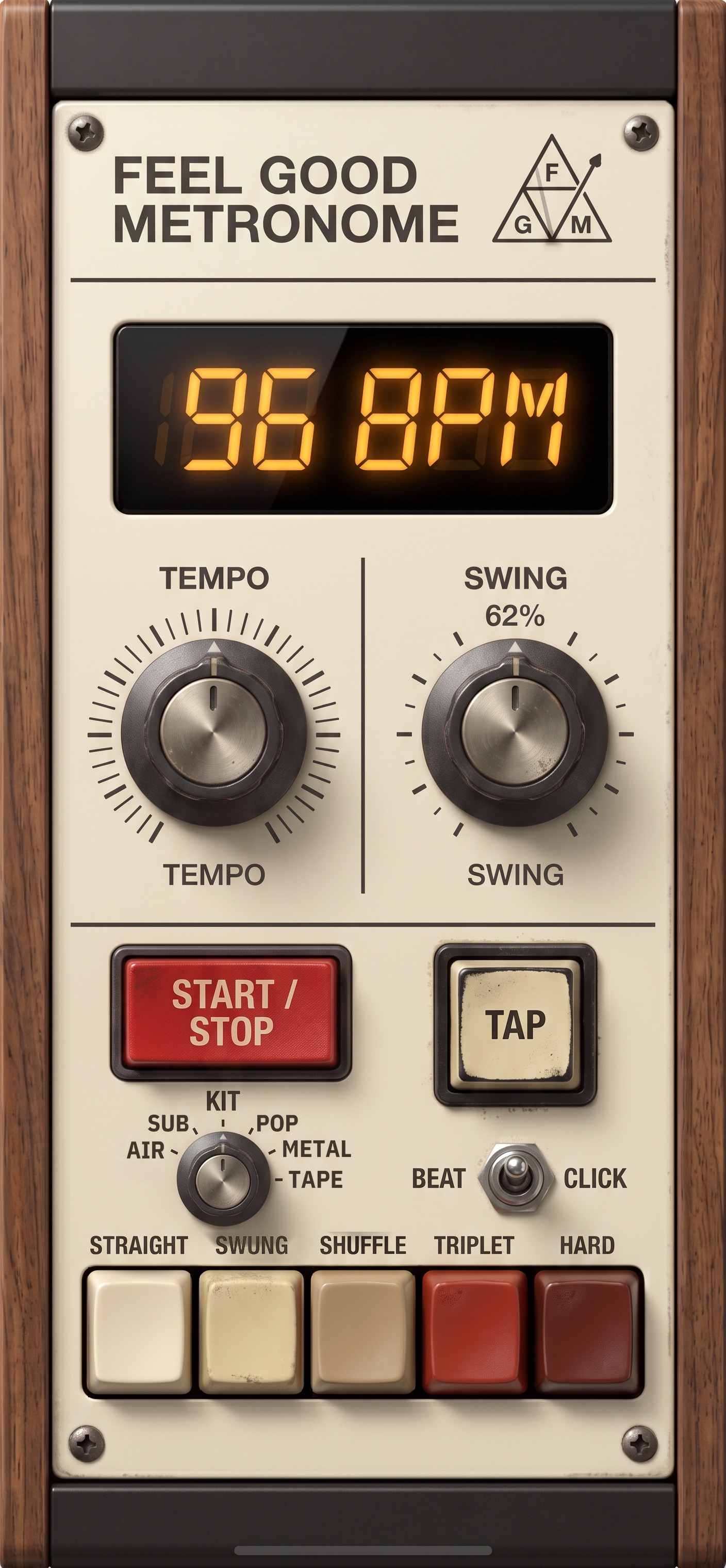 Feel Good Metronome, a 70s walnut rhythm machine with amber LED and chunky knobs.